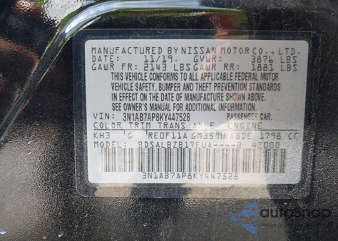 2019 Nissan Sentra S z USA, uszkodzony, nr VIN 3N1AB7AP8KY447528